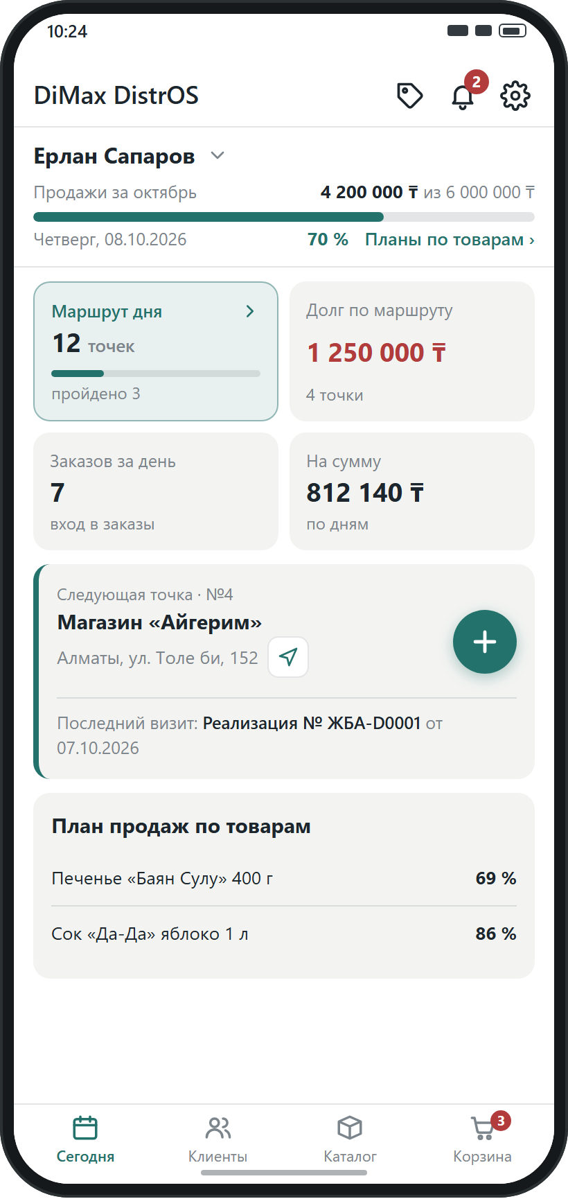Экран «Сегодня» торгового представителя: план, маршрут, долг по маршруту